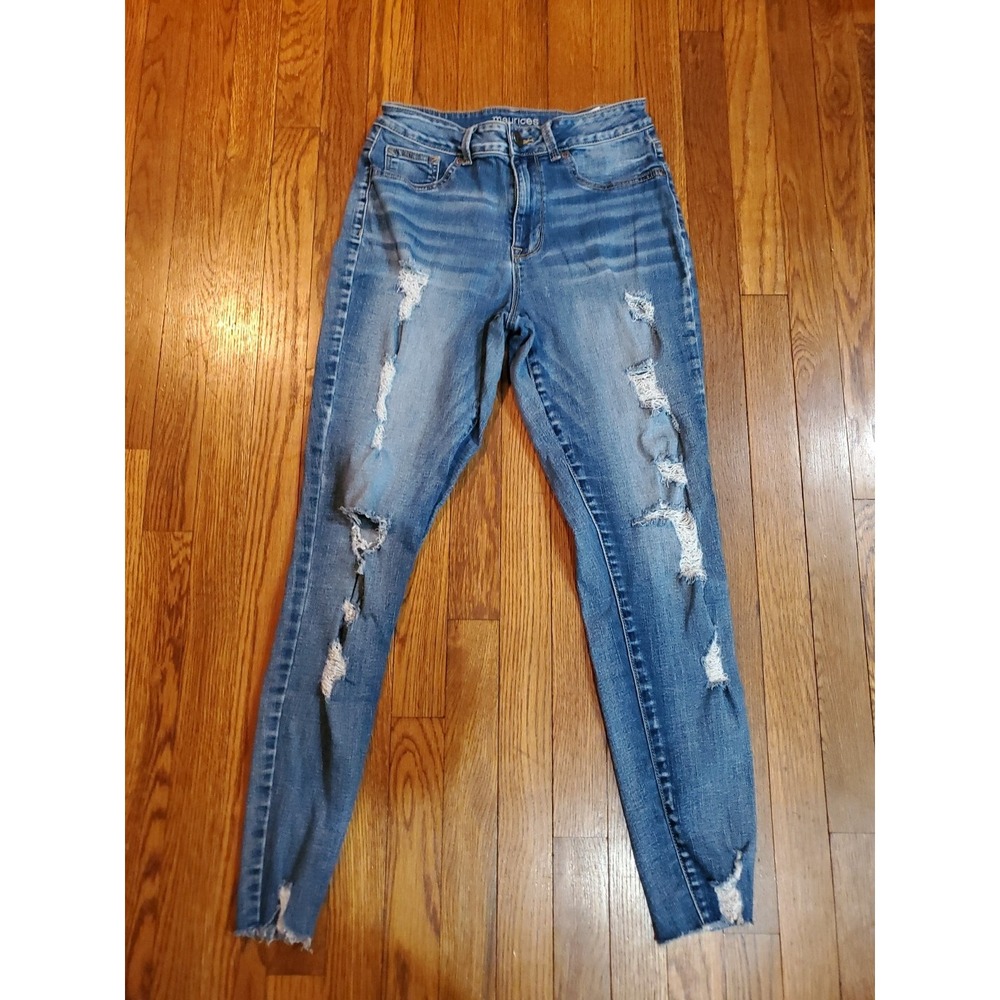 Maurices Womens Hi Rise Distressed‎ Fray Hem Skinny Jegging Jean Med Wash MEDIUM